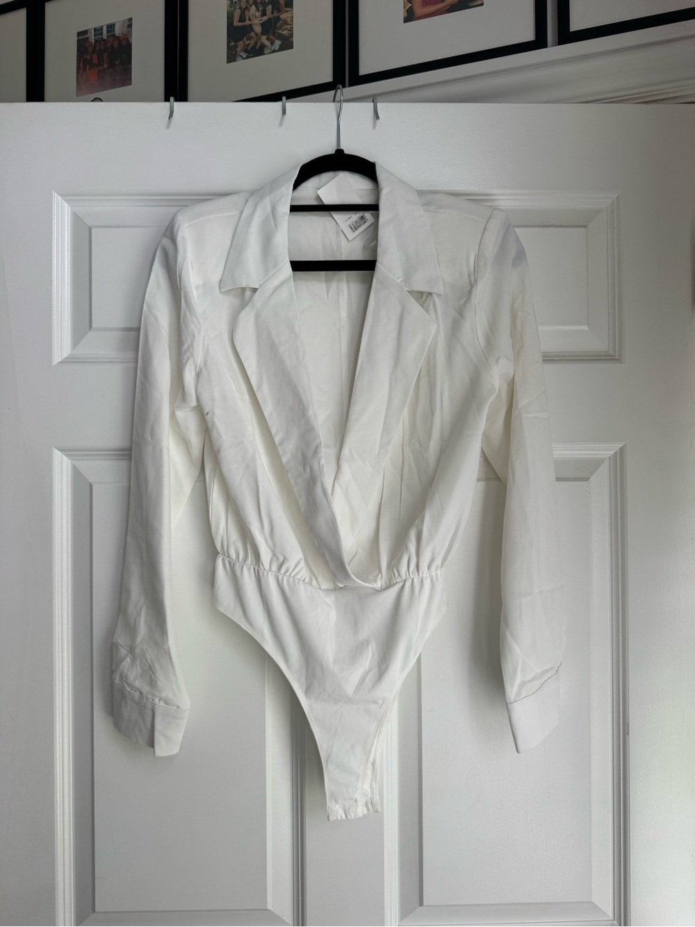 TCEC White Plunge Collar Bodysuit with Tailored Lapels